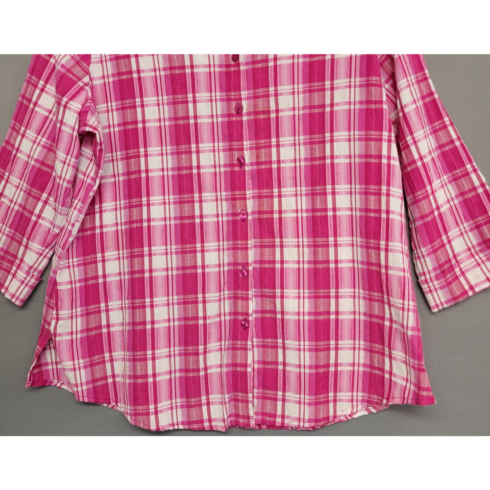 Alia Plaid Button Front Top Womens 16 Pink White Crinkle 3/4 Sleeves Casual - Picture 6 of 11